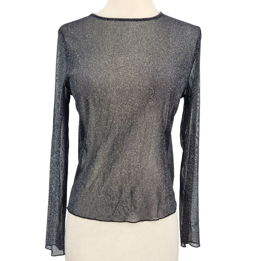 Vintage Y2K Victoria’s Secret Sheer Glitter Top – Black Sparkle Mesh Long Sleeve